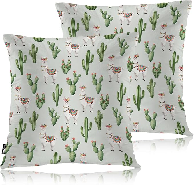 Swono Set of 2 Decorative Throw Pillow Covers Llama, Cute Alpaca Llama Cactus Flowers Farmhouse Pillowcases Accent Pillow Cushion Cover for Couch Sofa Bed Office Armchair 18 X 18 Inch