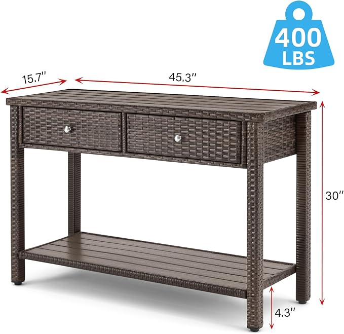 Outdoor Console Table with Drawer Patio Buffet Bar Storage Organizer 45"Long Wicker Sofa Serving Sideboard Table 2-Shelf Outdoor Narrow Bar Table Tall Rectangle with Adjustable Feet for Entryway Brown