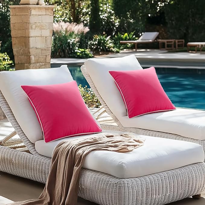 MIULEE Outdoor Waterproof Pillow Covers 16x16 Hot Pink Pack of 2 | Decorative Farmhouse Throw Pillow Covers with Piping,Square Solid Color,Patio Furniture,Summer Couch Tent Sofa Living Room