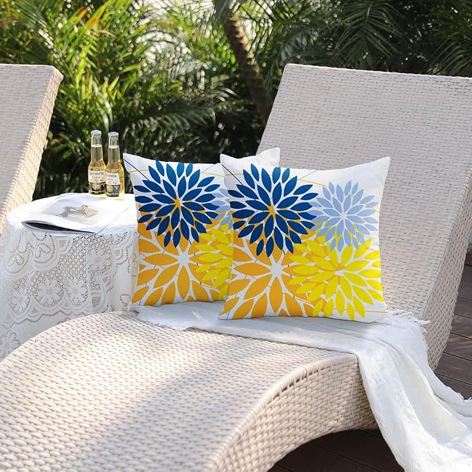 DFXSZ Pack of 2 Outdoor Waterproof Throw Pillow Covers 18x18 Blue Yellow | Polyester Colorful Spring Summer Floral Decorative Cushion Cases(NO INSERT),For Couch Patio Funiture Garden Home Decor