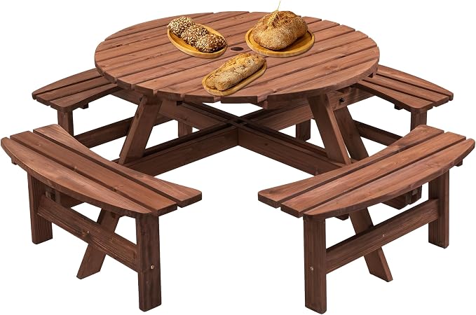 8 Person Outdoor Picnic Table with 4 Built-in Benches Round Wood Picnic Table with Umbrella Hole, Outside Picnic Tables and Bench Set for Garden,Patio, Backyard,2220LBS Total Capacity,Walnut Brown