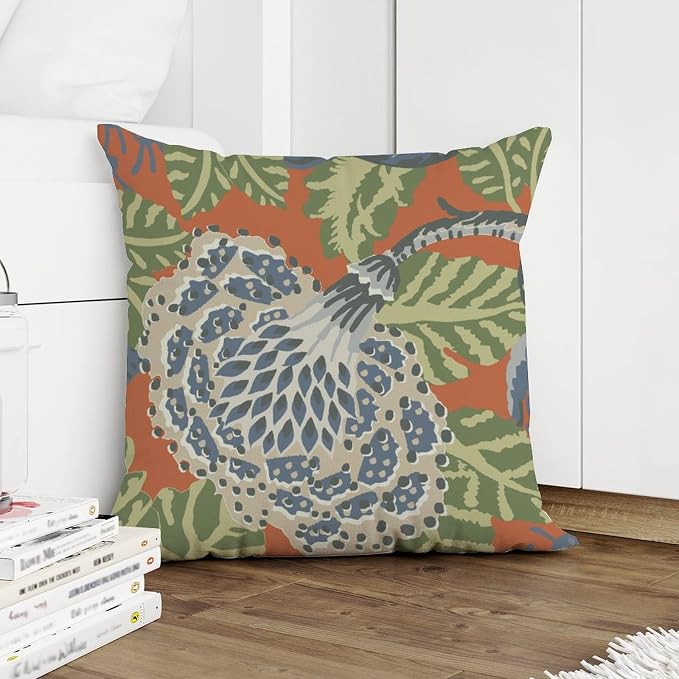 Navy Blue Floral White Pillow Cover Green and Orange Chinoiserie Cushion Cases 26x26 INRustic Accent Modern Decorative Pillow Covers for Patio Funiture Garden