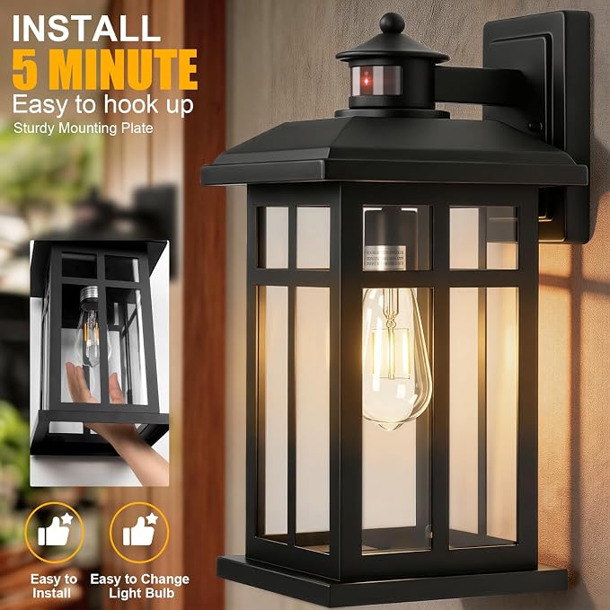 Brilvibera 16" Black Motion Sensor Wall Sconce Light for House | Black Outdoor Sconce for Front Door Waterproof Modern Coach Light for Garage & Porch Security