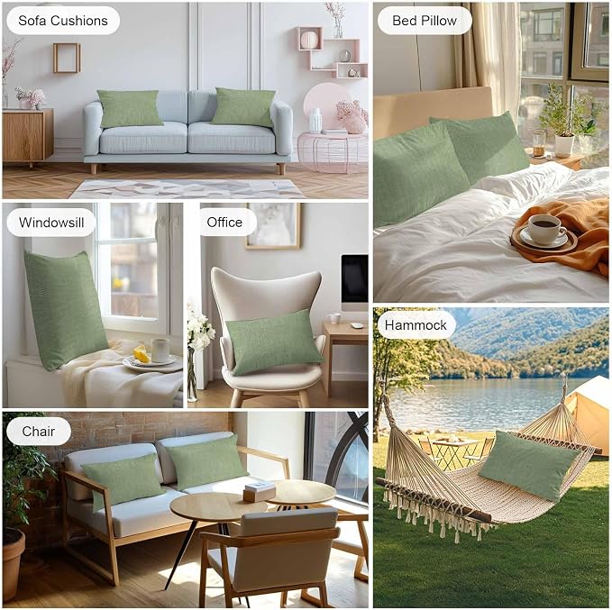 Vandarllin Outdoor Throw Pillows Covers 20x12 inch Set of 2 Waterproof Sage Green Linen Decorative Zippered Cushion Covers for Patio Furniture, Farmhouse Pure Color Lumbar Pillowcases