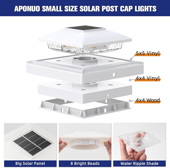 APONUO Solar Post Cap Lights for 4x4 5x5 Posts - IP64 Waterproof, 6500K LED, No-Wire Fence Lights & Deck Lights for Patio Garden Yard Patio, White-Cool White, 16 Pack