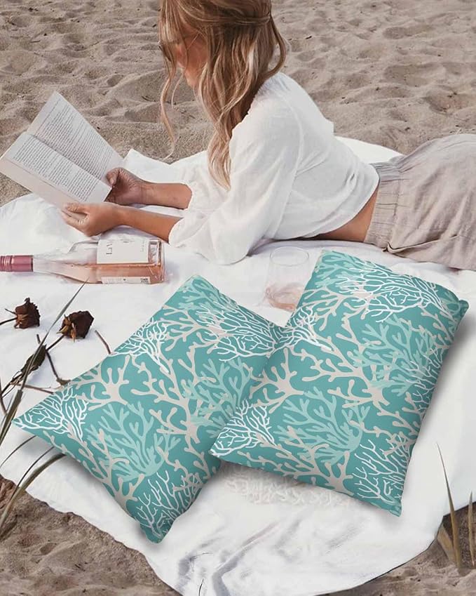 Pack of 2 Outdoor Pillow Covers 20x12 Waterproof Aqua Teal Coral Coastal Throw Pillow Covers, Decorative Pillowcases Nautical Ocean Marine Organism Cushion Covers for Patio Garden Couch Pillow Case