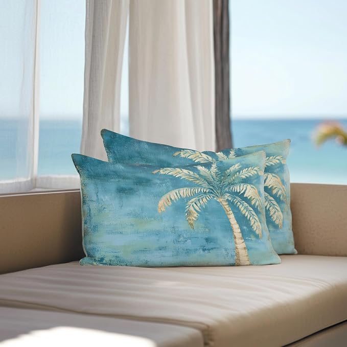 Coastal Beach Tree Teal Blue Outdoor Waterproof Pillow Covers, Vintage Summer Palm Tropical Botanical Decorative Rectangle Throw Pillowcase Sofa Cushion Sham for Patio/Couch/Chair, 20"x12" 2 Pack