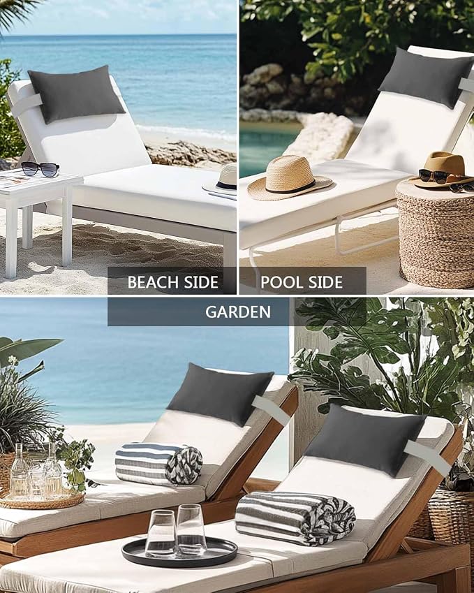 Outdoor Pillow for Lounge Chair with Strap & Insert Dark Grey Pattern Recliner Head Pillow Pure Colour Waterproof Headrest Patio Lumbar Pillows for Beach Pool Office Chaise Chair 11x16 Inch
