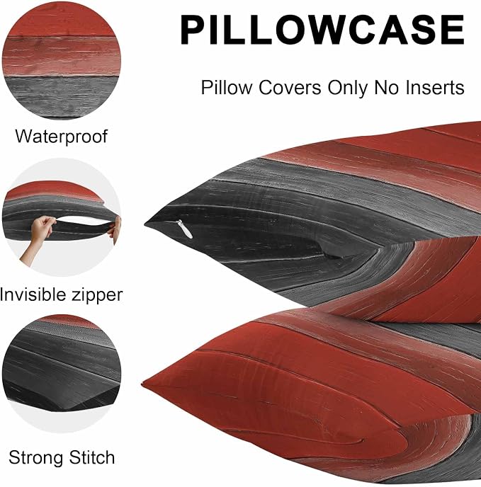 Red Gray Black Outdoor Pillow Covers 20x20 Inch Throw Pillow Covers Set of 2 Waterproof Decorative Pillow Cases Vintage Country Gradient Wooden Grain Cushion Covers for Patio Furniture Garden Couch