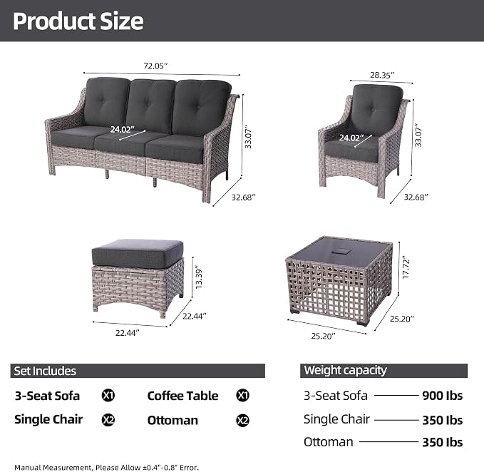 HOOOWOOO 6 Piece Patio Furniture Conversation Sets with Sola Light Table,Outdoor Wicker Furniture with Ottoman, All Weather Resistant Outside High Back Rattan Patio Set(Black)