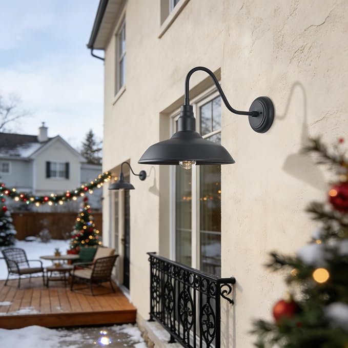 14in Outdoor Gooseneck Light Fixture for Porch, Large Exterior Barn Light with Wall Mount, Black Industrial Lighting Fixture for Farmhouse Garage Patio