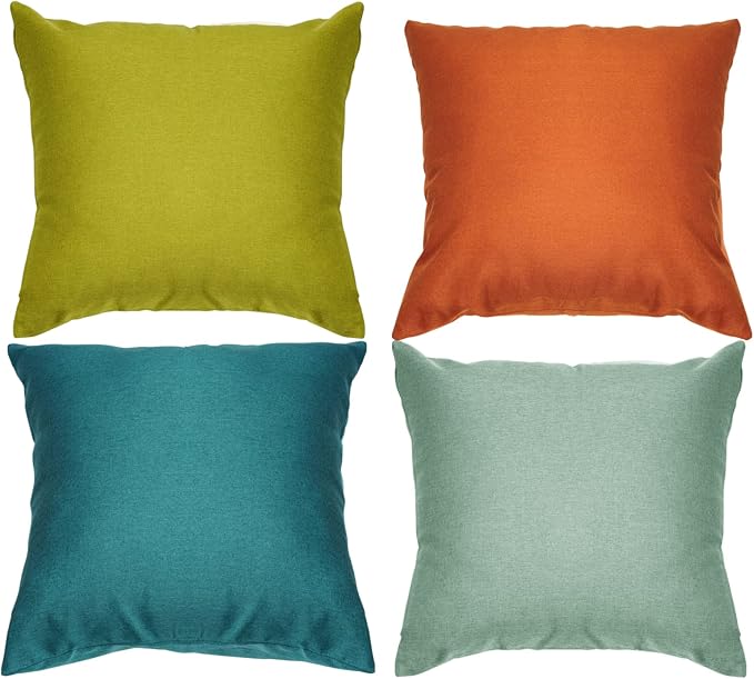 Pack of 4 Decorative Outdoor Waterproof Throw Pillow Covers ONLY Square Garden Cushion Cases for Patio, Couch, Tent and Sofa, 18 x 18 Inches, (Yellow, Light Green, Orange, Blue-Green)