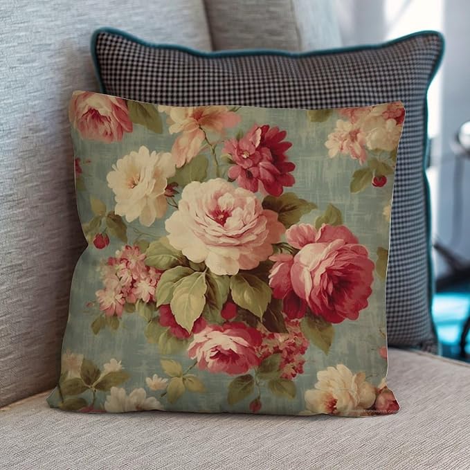 Cushion Cases Watercolor Pink Roses Pillowcase Classic Romantic Aqua Flower Pillow Cover Accent Square Couch Sofa Cushion Covers for Couch Sofa Patio 18x18 in