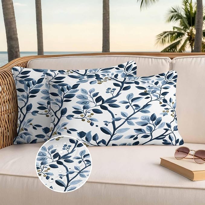 Lumbar Pillow Covers 20x12 Inch Set of 2, Navy Blue Botanical Waterproof Outdoor Pillow Covers, Summer Spring Leaves Decorative Cushion Pillowcases for Couch, Sofa, Bed, Garden, Patio