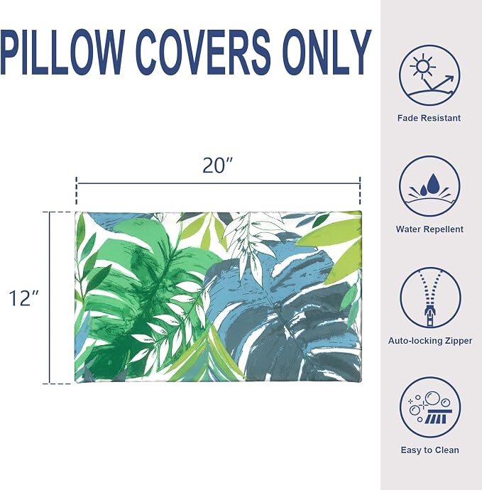 Pack of 2 Outdoor Lumbar Pillow Covers, All Weather Cushion Pillow Cases 12x20 Inch, Pillowcase for Patio Couch Decoration, Islamorada Blue Green