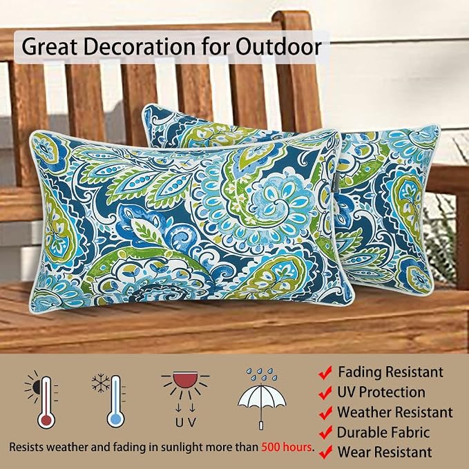 Magpie Fabrics Pack of 2 Outdoor Lumbar Pillow Case Covers 12"x20", Waterproof Rectangular Throw Pillowcase Shell Decorative Sham for Patio Garden Couch - Paisley Lapis Green