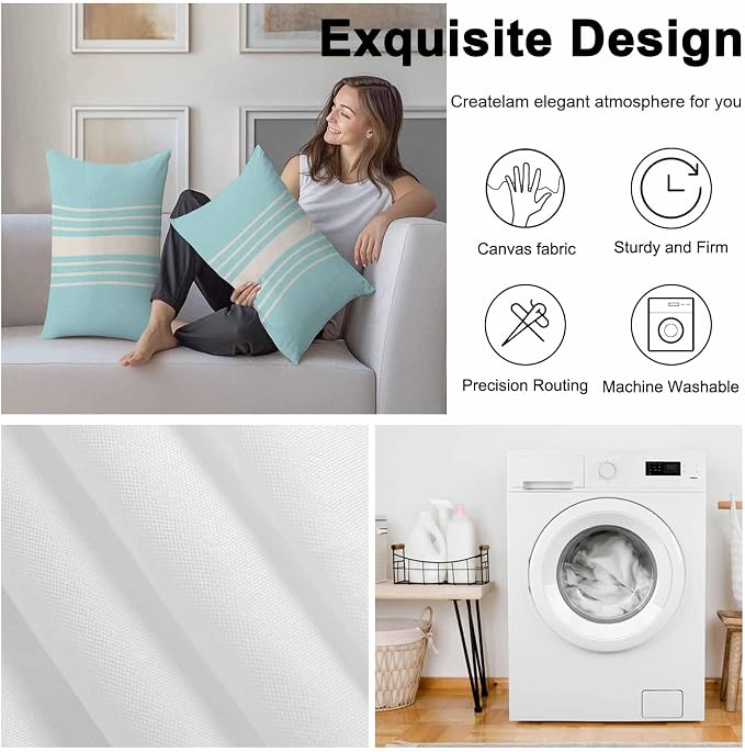 Lumbar Pillow Covers 20x12 Inch Set of 2, Aqua Beige Striped Waterproof Outdoor Cushion Covers, Modern Farmhouse Retro Lines Decorative Pillowcases for Couch, Sofa, Bed, Garden, Patio