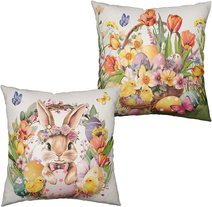 Easter Throw Pillow Covers Spring Floral Wreath Bunny Throw Pillow Covers 16x16 Set of 2 Rabbit with Tulip Flower Pillow Cases Colorful Easter Eggs Cushion Cases for Couch Sofa