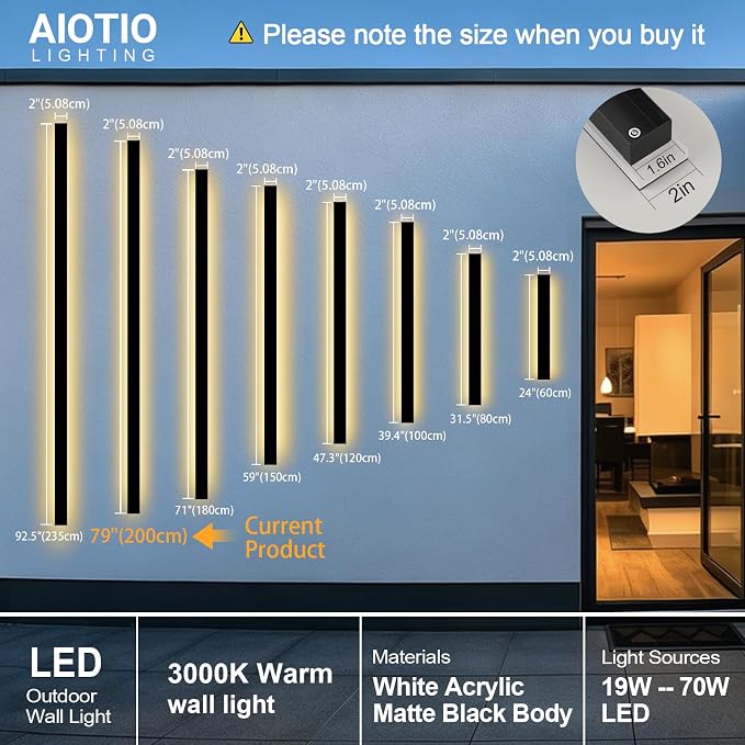AioTio Black Outdoor Wall Light,2pack 79inch Modern LED Exterior Light Fixtures Wall Mount,3000K Waterproof Long Outdoor Linear Wall Sconce IP65 Waterproof,Outside Wall Lights for House,Porch
