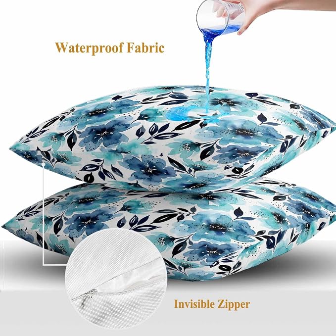 Botanical Floral Leaves Outdoor Waterproof Pillow Covers Pack of 2, Watercolor Painting Blue Gradient Blooms Throw Pillowcases Decorative Cushion Covers for Garden Patio Tent Sofa Couch, 18x18 inch