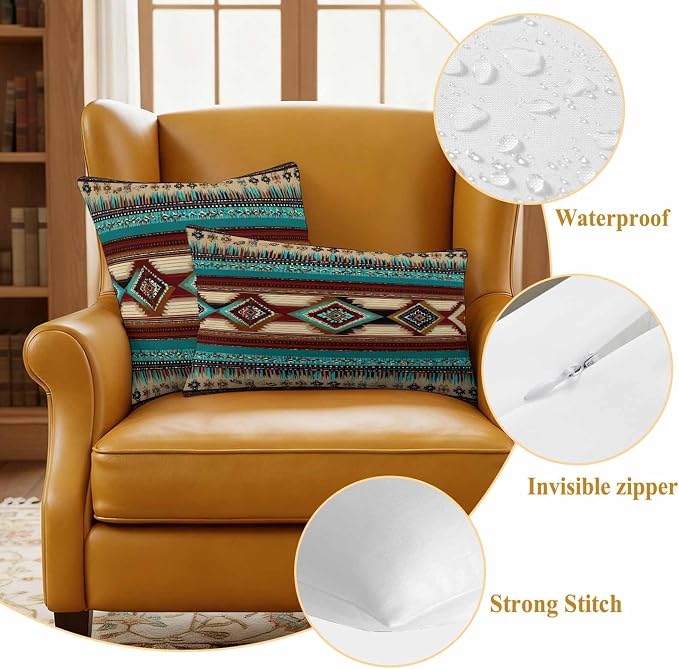 Boho Ethic Outdoor Pillow Covers 26"x26" Set of 2, Western Aztec Tribal Teal Brown Diamond Stripes Waterproof Throw Pillow Covers for Patio Furniture, Decorative Cushion Covers for Porch