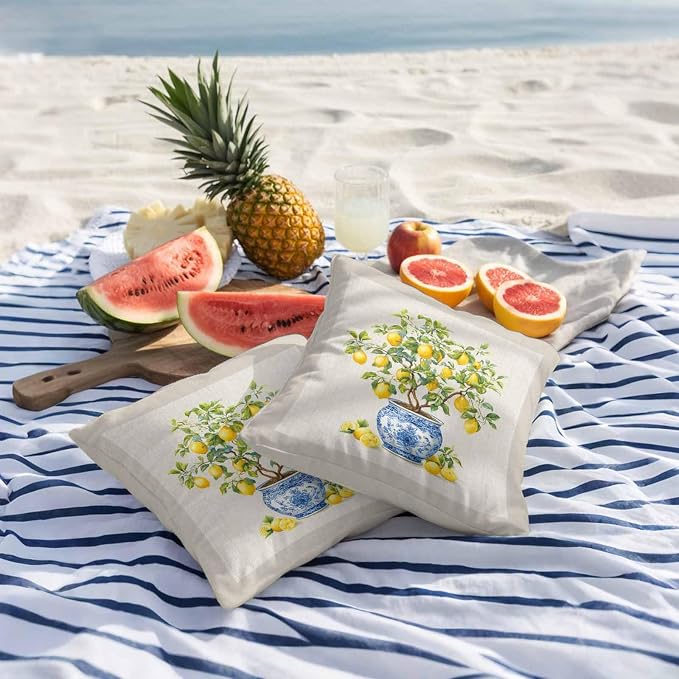 Summer Lemons Outdoor Pillow Covers 16x16 Inch Throw Pillow Covers Set of 2 Waterproof Decorative Pillow Cases Brown Beige Farmhouse Botanical Linen Cushion Covers for Patio Furniture Garden Couch