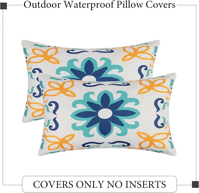 Pyonic Outdoor Waterproof Lumbar Pillow Covers 12x20 Inch Set of 4 | Floral Printed and Boho Farmhouse Outdoor Pillow Covers for Patio Funiture Garden ,Blue