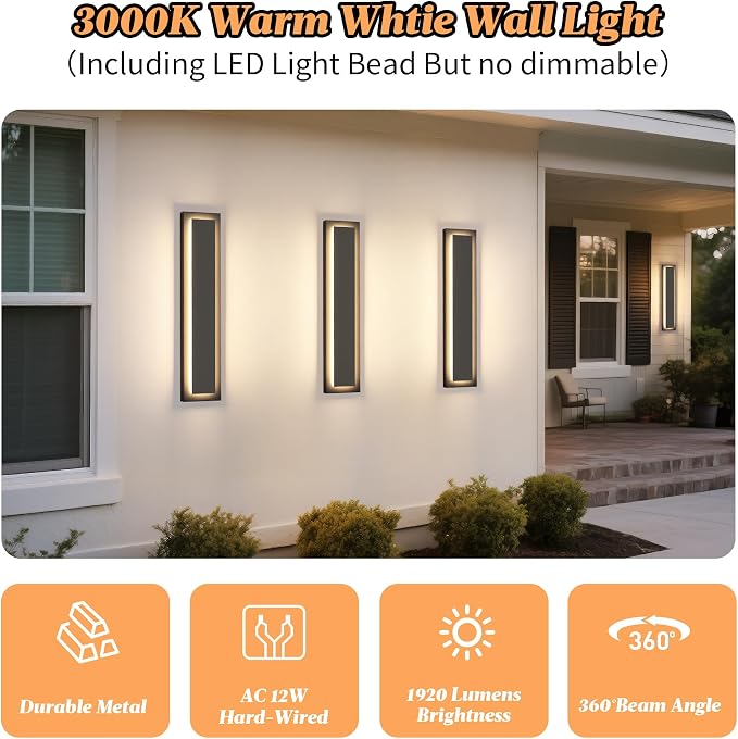 Modern Outdoor Wall Lights,24 in Long Exterior Lighting Fixtures | Black LED Outdoor Wall Sconce For House,Porch,Garage,Front Door, Patio,IP65 Waterproof,3000K Warm White 24W, 2 Packs