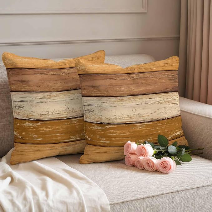 Farmhouse Yellow Brown Outdoor Waterproof Pillow Covers, Vintage Wooden Striped Decorative Square Throw Pillowcase Sofa Cushion Sham for Patio/Couch/Chair, 18"x18" 2 Pack