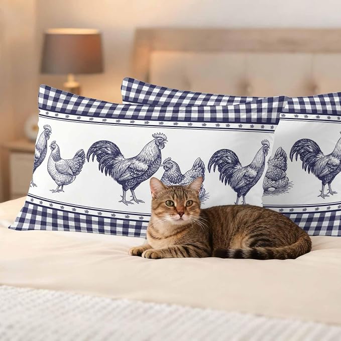 Navy Blue Rooster Outdoor Pillow Covers Waterproof, All Weather Cushion Case Set of 2, Vintage Farmhouse Blue Plaid Lumbar Pillowcase for Sofa Couch Bed Decor Patio Furniture 20"x12"