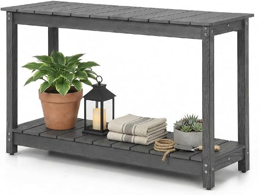 Outdoor Console Table, 48" Weather Resistant HIPS Patio Side Table, 440LBS Weight Capacity, 2-Tier Multifunctional Buffet Bar Storage Organizer for Garden Deck, Gray