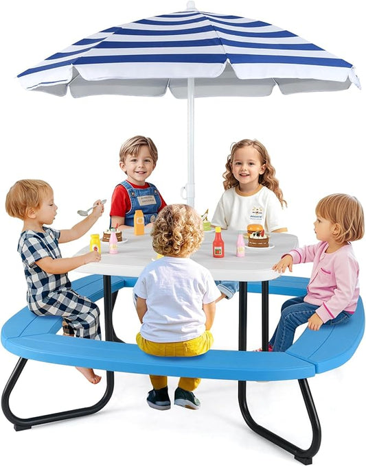 HONEY JOY Kids Picnic Table, 8 Person Toddler Outdoor Table and Chair Set, 4 Built-in Benches, Removable Umbrella, Metal Frame & HDPE Top, Children Outdoor Furniture for Backyard Patio Garden (Blue)