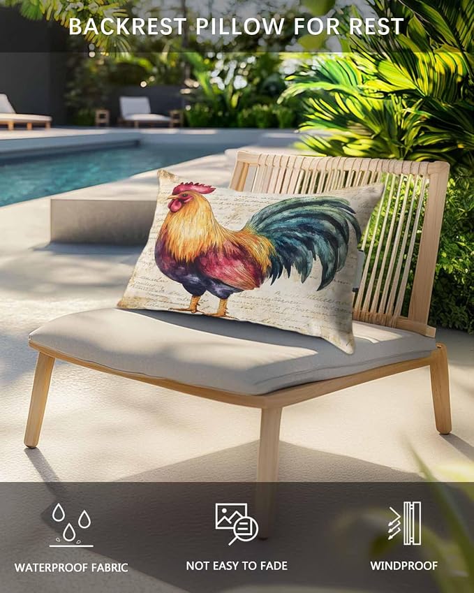 Pack of 2 Outdoor Lumbar Cushions with Inserts, Vintage Rooster Farm Animal Waterproof Fluffy Fade Body Pillows, Patio Furniture Pillow for Home Balcony Garden Decor 12x20IN