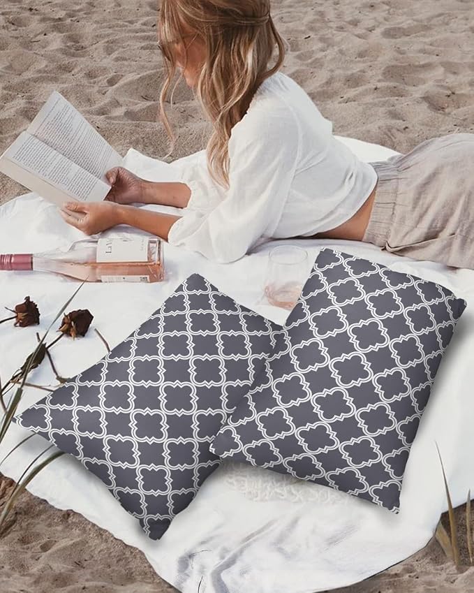 Outdoor Waterproof Pillow Covers for Patio Furniture Moroccan Pattern Decorative Throw Pillow Cover Dark Grey Pillowcases Set of 2 Cushion Case for Sofa Couch Chair Home Decor 20x12 inch