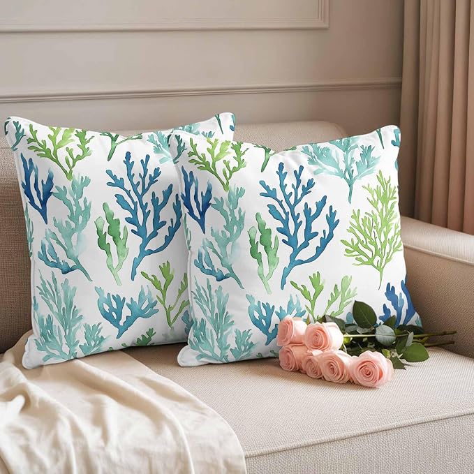 Ocean Teal Outdoor Waterproof Throw Pillow Covers Set of 2, 20"x20", Blue Green Coral Underwater Garden Coastal Decorative Pillow Covers Outside Cushion Case for Patio Porch Garden