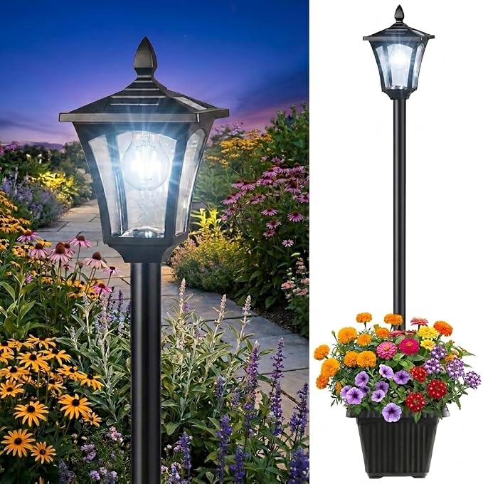 Benany 76" Solar Lamp Post Lights with Planter, Glass & Metal Street Light Outdoor Waterproof, 60 Lumens Dusk to Dawn Solar Pole Light for Garden, Yard, Driveway, Porch, Patio, Cool White