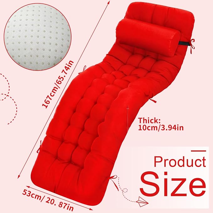 Tudomro Outdoor Chaise Lounge Cushion 66x21x4'' Waterproof & Fade-Resistant Patio Pool Chaise Lounge Cushion Headrest Pillow Tie Replacement Rocking High Back Chair(Bright Red,1 Pcs)
