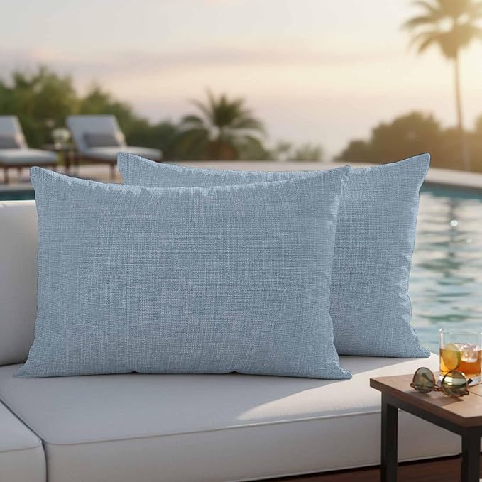 Outdoor Waterproof Throw Pillow Covers Set of 2 Sky Blue Linen Lumbar Pillowcases 20x12 Inches Farmhouse Pure Color Decorative Pillows Cushion Case Patio Pillows for Couch Bed Chair Garden