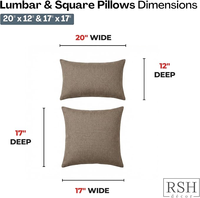 RSH DECOR: Sunbrella Lumbar & Square Pillows Set of 4 | 20" x 12" & 17" x 17" | Water & Fade-Resistant Performance Fabric | Outdoor Throw Pillows | Made in USA (Spectrum Mushroom Brown)