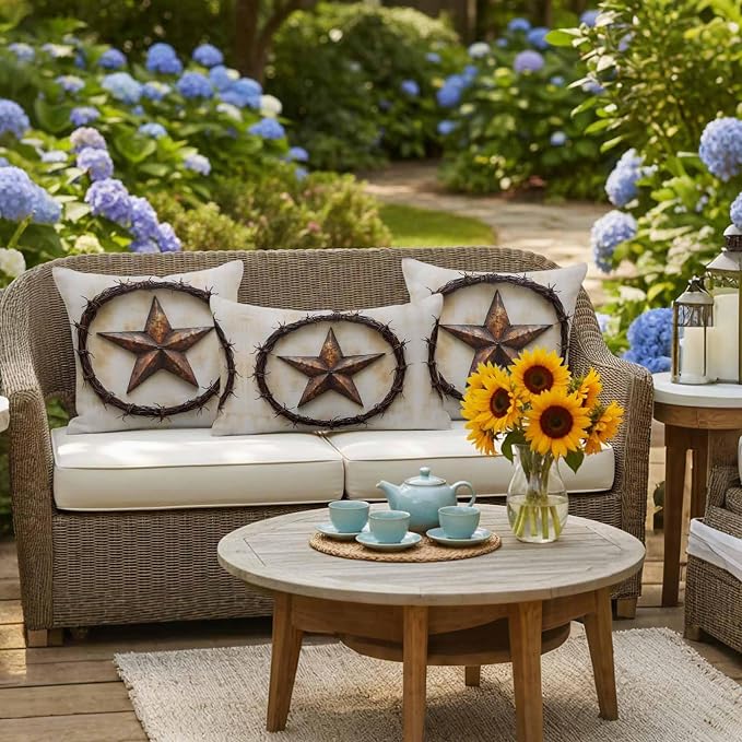 Texas Star Rustic Waterproof Outdoor Pillow Covers Set of 2 Home Decor, Vintage Country Stars Modern Abstract Pillowcase Patio Pillow Covers for Couch Bench Furniture Garden 24x24in