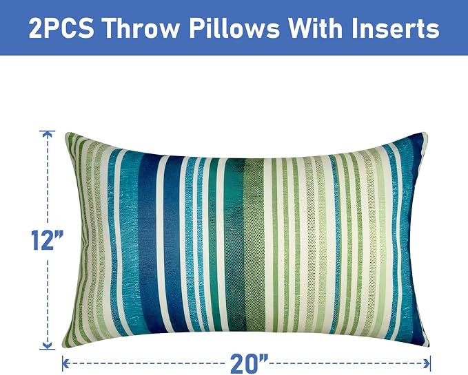 12x20 Waterproof Outdoor Pillows, Set of 2 Outdoor Lumbar Pillows | Patio Furniture Pillows, Decorative Throw Pillows, Waterproof & Fade Resistant, Removable & Washable, Stripe Blue Green