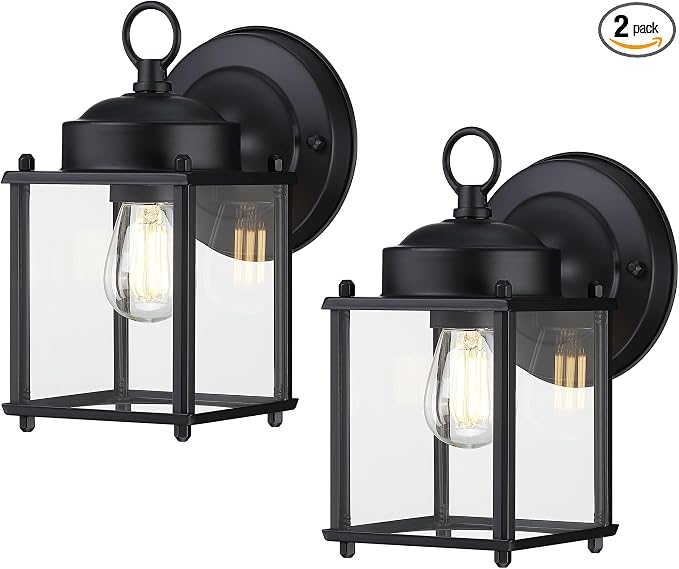 Outdoor Wall Light, Porch Lamp, Rustproof Waterproof, Black | Exterior Wall Sconce Fixture for House, Garage, Patio, Metal Housing with Glass, E26 Base, 2 Pack