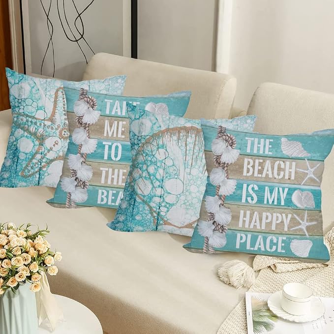 Outdoor Waterproof Throw Pillow Covers 20x20 inch Nautical Wood Beach Starfish Scallop Decorative Pillow Covers Coastal Theme Pillowcase for Patio Furniture Garden Set of 4, Turquoise Blue