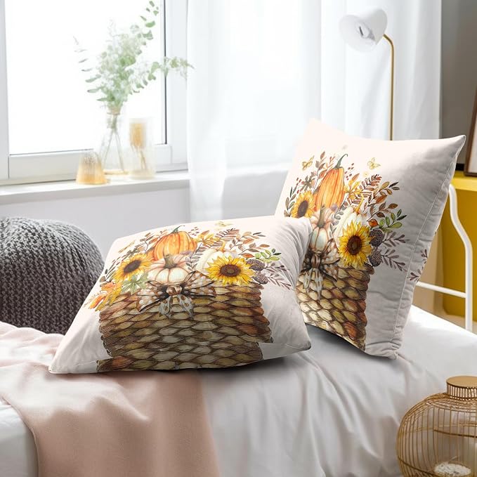 Fall Farmhouse Pillow Covers 16x16 Inch, Set of 2 Autumn Pumpkin Sunflowers Leaves Basket Square Cotton Pillowcases for Couch Sofa Living Room Bedroom Indoor Outdoor Decor