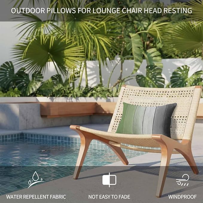 Sage Green Gray Ombre Outdoor Pillows for Chaise Lounge Chair Waterproof Lumbar Pillows with Insert&Strap Beach Headrest Pillow Vintage Country Wooden Recliner Neck Pillow for Patio Pool 12"x20"