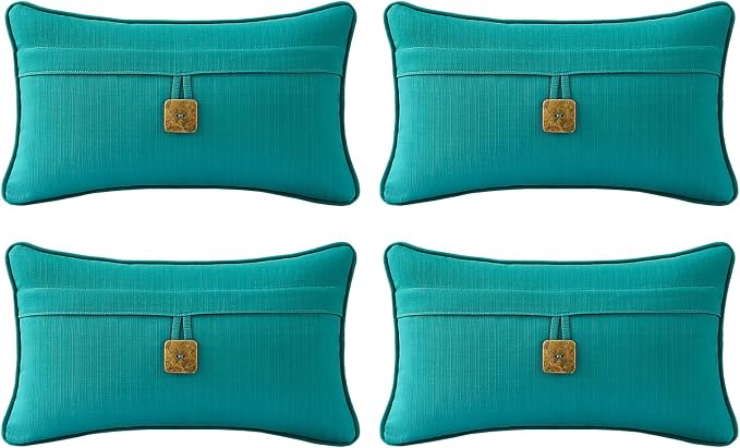 Outdoor Decorative Pillows with Coconut Button Pack of 4, 20" x 12" Outdoor Pillow Set for Couch Bed Throw Patio Sofa, Peacock Blue