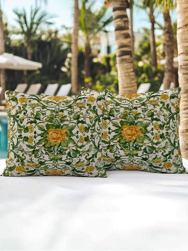 Outdoor Pillows with Inserts Set of 2 18x18, Yellow Green Boho Waterproof Outdoor/Indoor Throw Pillows, Classic Floral Farmhouse Botanical Decorative Pillow for Bed Couch Sofa Patio Furniture