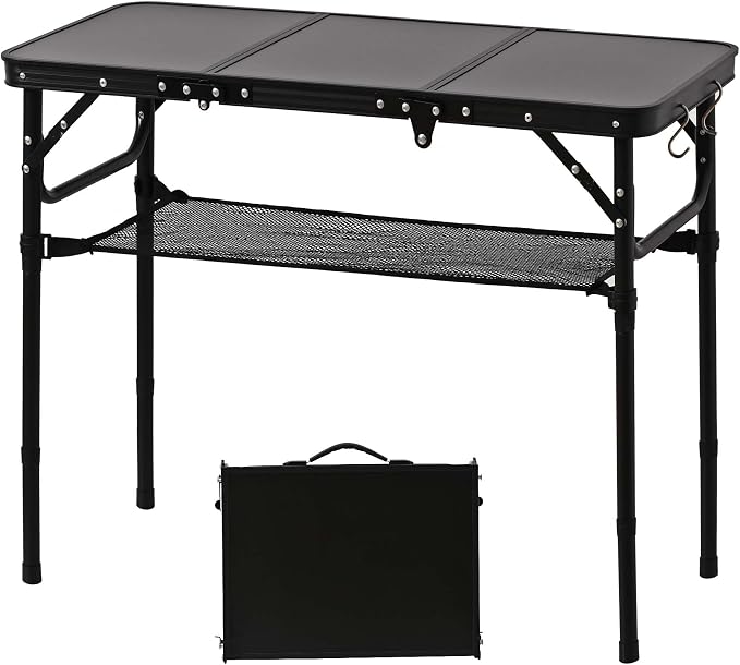 YihuiKo Folding Picnic Table with Storage Net, Matte Black Aluminum Folding Table 35" x 16", Adjustable Height Max 27.5", Lightweight Portable for Camping Travel