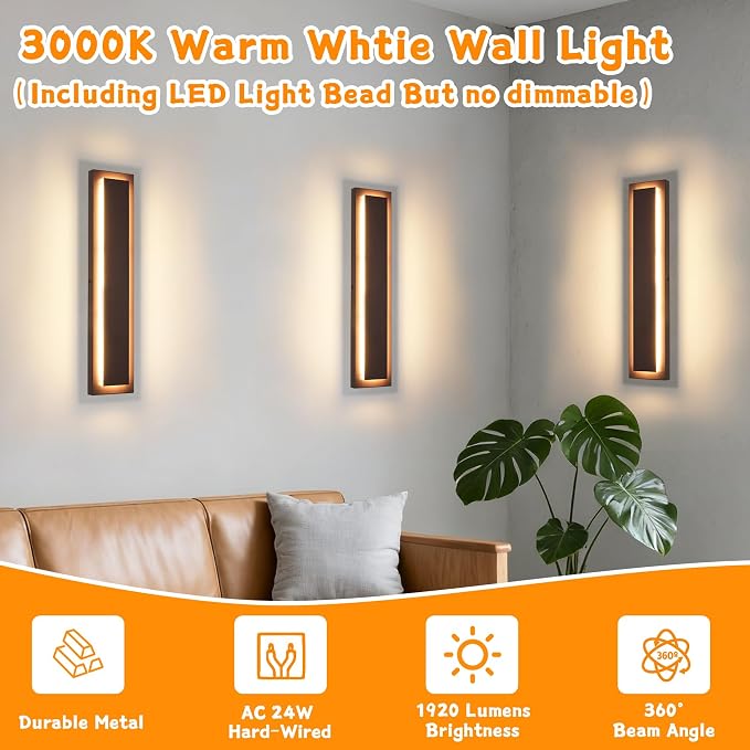 24 in Brown Long Outdoor Wall Lights, Modern Exterior Wall Light | Waterproof Outdoor Wall Sconce,Outside Light Fixtures For Garage House,Patio,Front Porch,LED 24W 3000K Warm White, 2 Packs