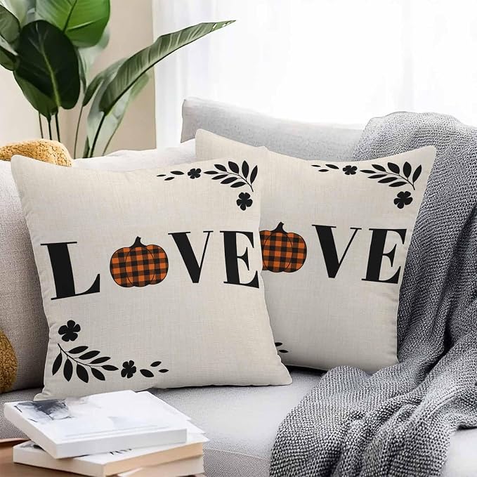 Orange Pumpkin Outdoor Waterproof Pillow Covers, Fall Leaves Love Heart Beige Pastoral Decorative Square Throw Pillowcase Sofa Cushion Sham for Patio/Couch/Chair, 26"x26" 2 Pack